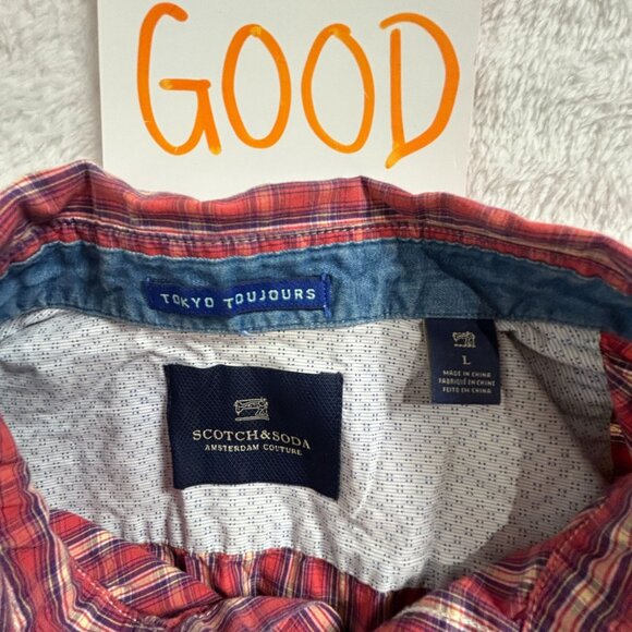 Scotch & Soda Mens Red Plaid Tokyo Toujours Button-Up Long Sleeve Shirt Large - Picture 3 of 8